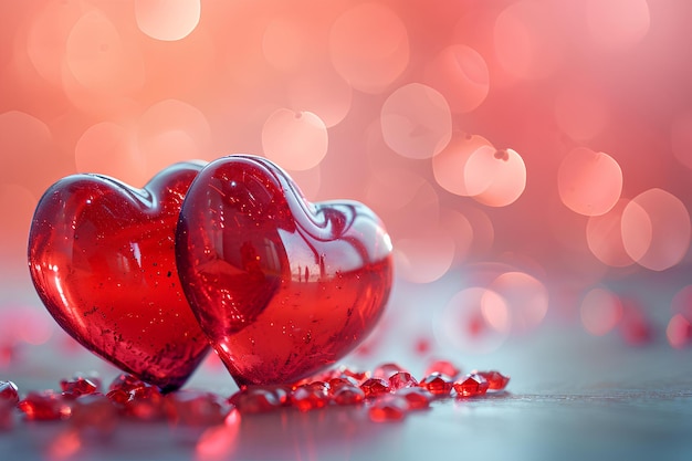 Two heart shaped glass crystals with bokeh background