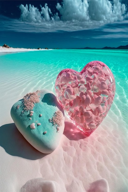 Two heart shaped rocks sitting on top of a sandy beach generative ai