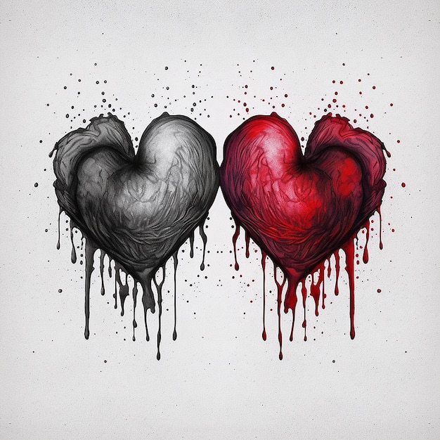 Photo two heart shapes one black and one red with a dripping paint effect