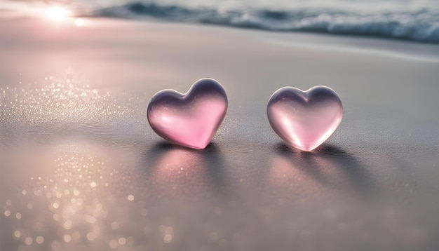 two hearts are on the beach and one is pink and the other is pink