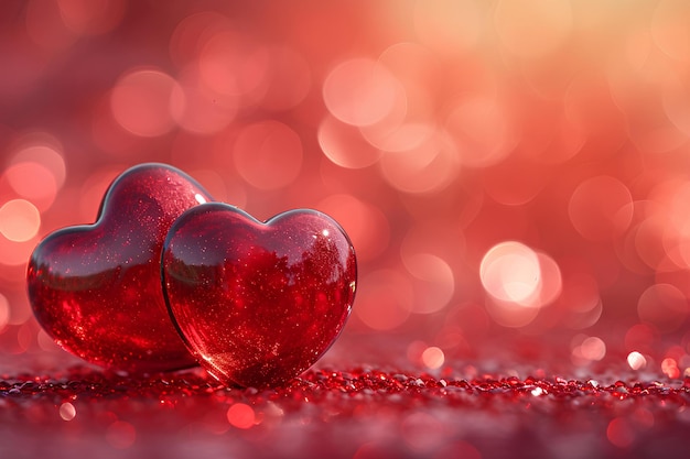 Two hearts are placed on a red background with bokehlit lights