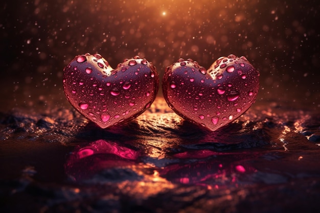 Two hearts on a dark background with lights in the background