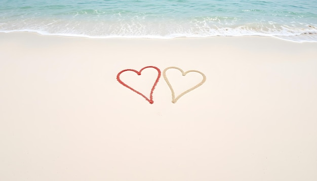 Photo two hearts drawn on perfectly white sand of paradise beach isolated with white highlights