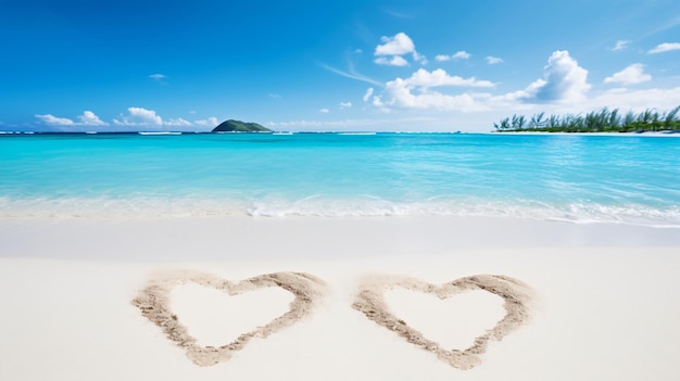 Two hearts drawn on perfectly white sand of paradise