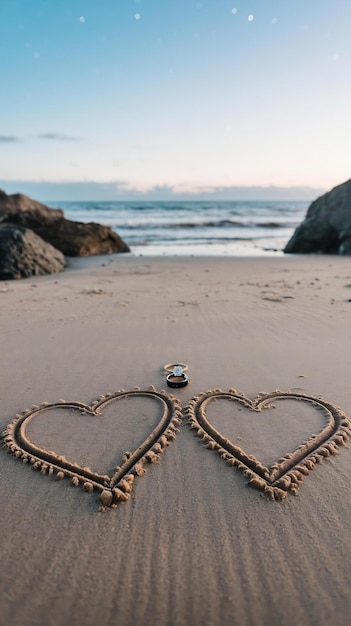 Two hearts drawn in the sand symbol of love honeymoon