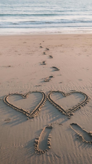 Two hearts drawn in the sand symbol of love honeymoon