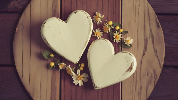 Photo two hearts on vintage white painted wooden background top view flat lay