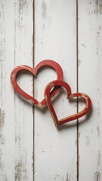 Photo two hearts on vintage white painted wooden background top view flat lay