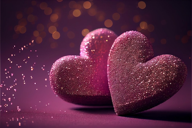 Two hearts with pink glitter isolated on blurred bokeh background Generative ai illustration