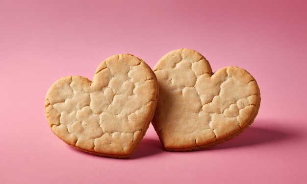 Two heartshaped cookies on pink surface