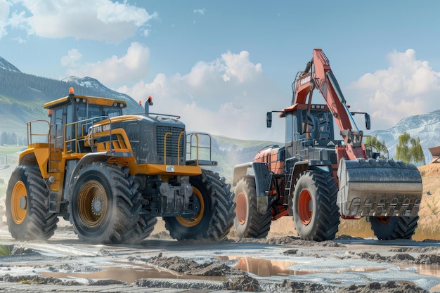 Two heavy wheeled tractor one excavator and other construction machinery excavator