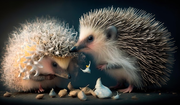 Two hedgehogs are eating food and one is holding a flower.