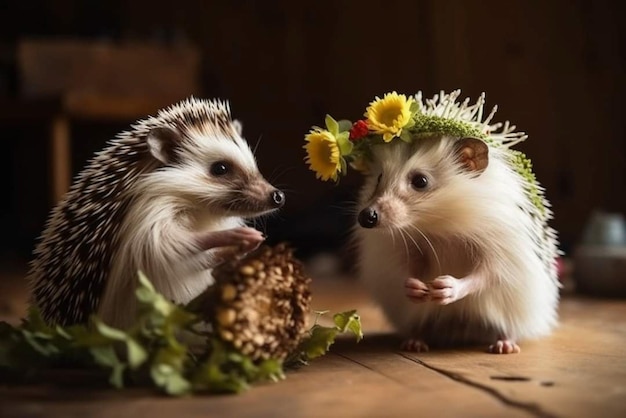 Two hedgehogs are looking at each other with a flower crown on their head.