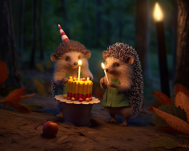 Two hedgehogs blowing out candles on a cake