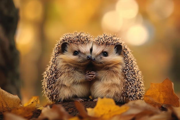 Photo two hedgehogs huddle in autumn leaves