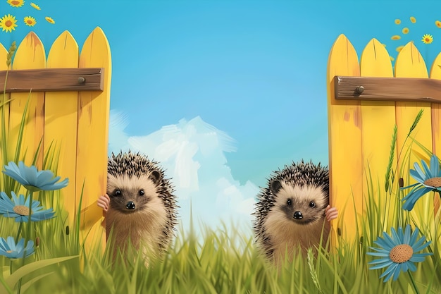 Two Hedgehogs Peeking Behind a Wooden Fence on a Sunny Day in a Childrens Book