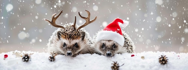 Two hedgehogs in snow wearing Christmas hat and antler headband Concept of festive animals holiday season winter Christmas celebration