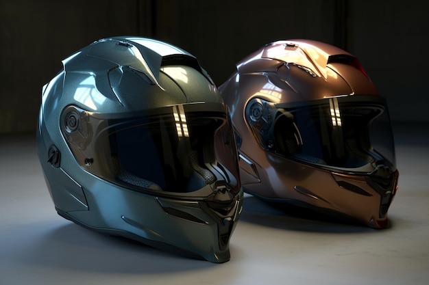 Two helmets with the visor open and the word motorcycle on the front.