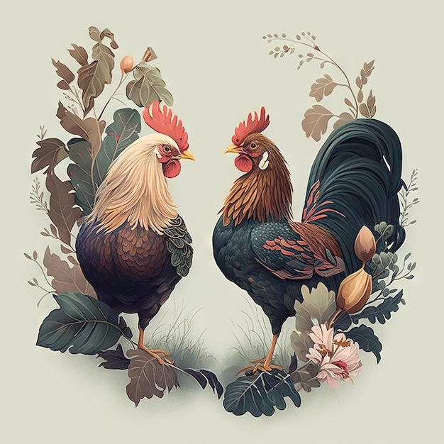 Two hens looking each other beautiful image on white background generative AI