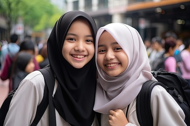 Two Hijab schoolgirl smiling