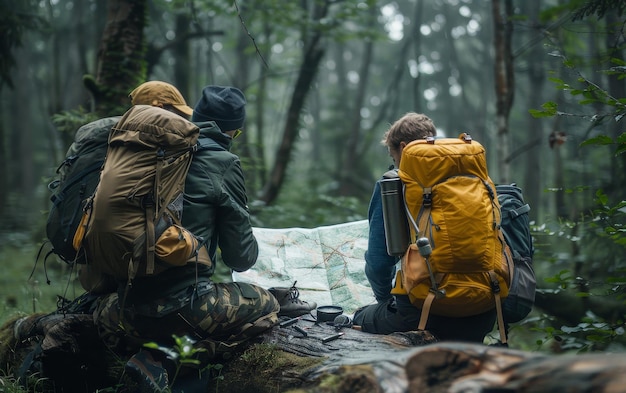 Two Hikers Consulting A Map In A Forest On A Rainy Day