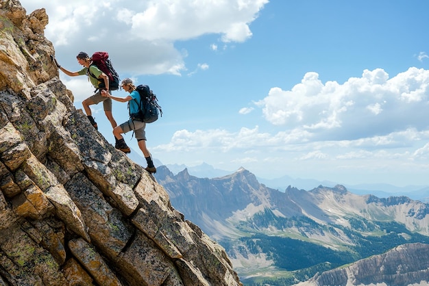 Photo two hikers helping each other reach the summit