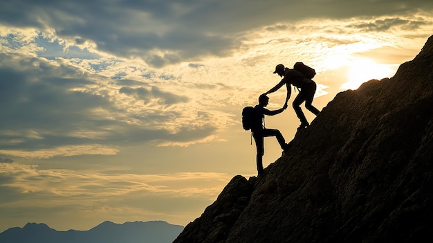 Two Hikers Helping Each Other Reach the Summit