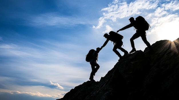 Two Hikers One Helping the Other Reach the Summit