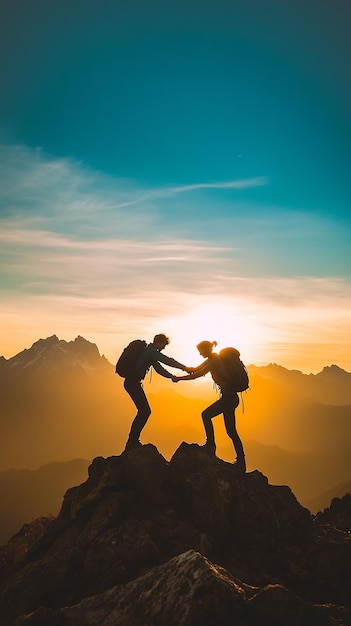 Two Hikers One Helping the Other Reach the Summit