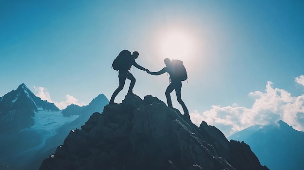 Two Hikers One Helping the Other Reach the Summit