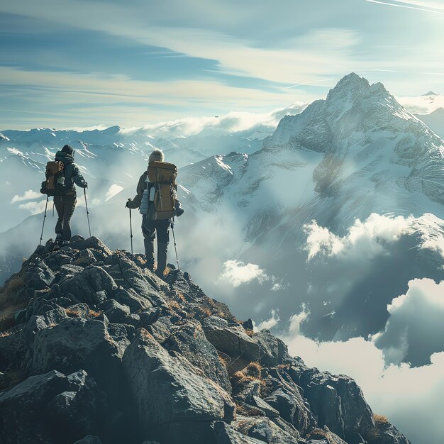 Photo two hikers stand atop a mountain looking out at the view