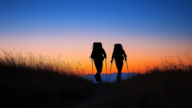 Photo two hikers walk through a field of tall grass at sunset