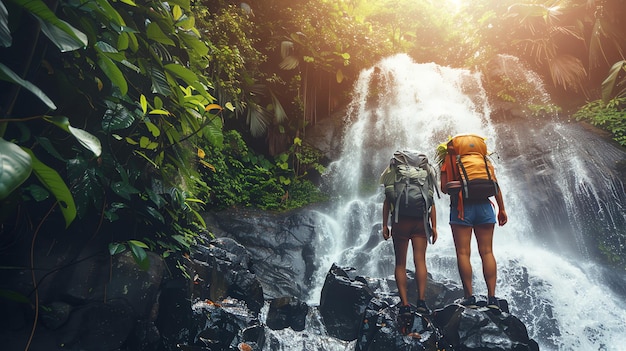 Two hikers with backpacks admiring a beautiful waterfall in a lush jungle