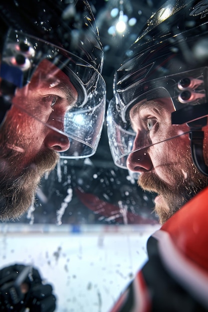 Photo two hockey players locked in a faceoff their competitive spirit evident as they vie for the puck under the arena lights