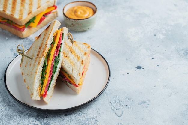 Two homemade sandwiches with sausage cheese and arugula on a light concrete background