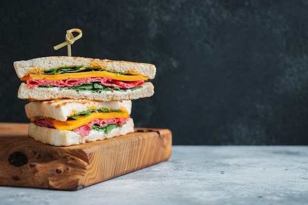 Two homemade sandwiches with sausage cheese and arugula on a light concrete background