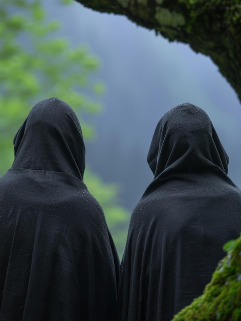 Two hooded figures in a serene forest setting