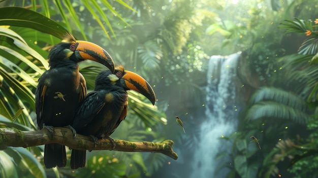 Photo two hornbills perched on a branch with a forest waterfall in the background