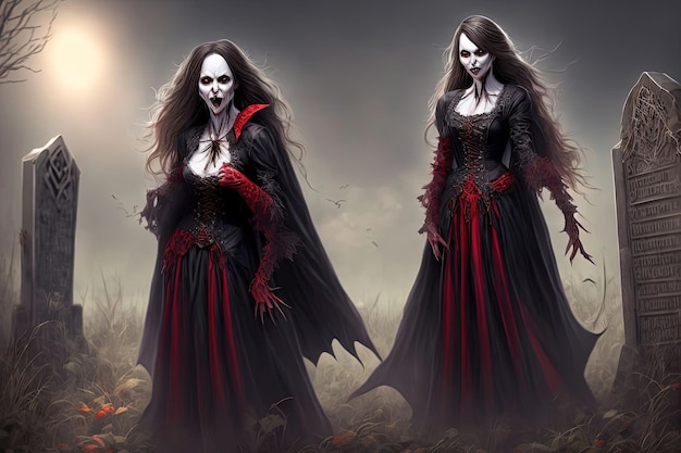 two horror vampire character in halloween night illustration