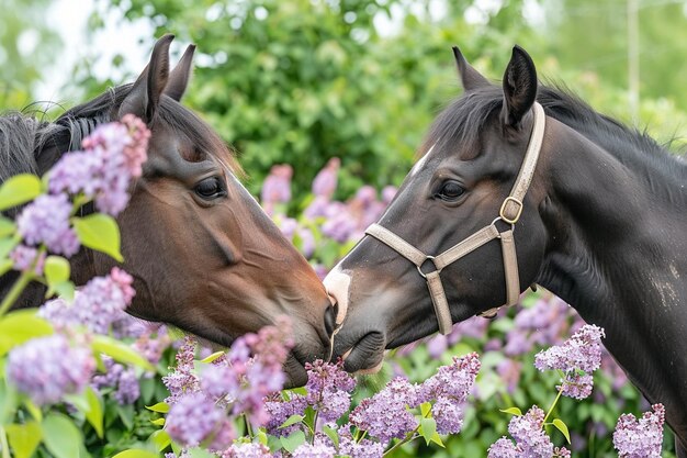 Photo two horses are kissing in a field of purple flowers