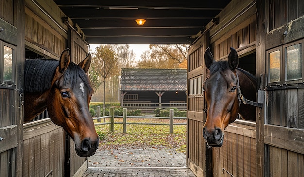 Photo two horses are looking out of a wooden stall