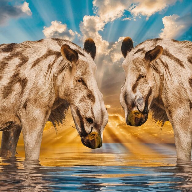 two horses are standing in the water with the sky in the background