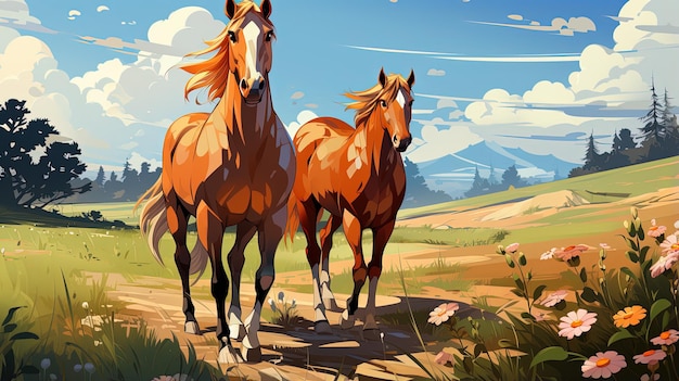 two horses are walking in a field with mountains in the background