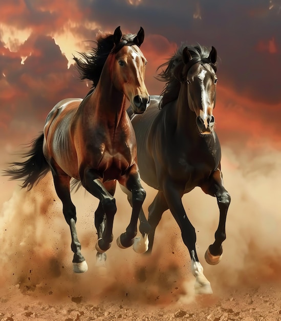 two horses running in the desert with the sun setting behind them