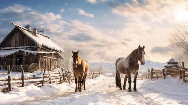 two horses standing in the snow in front of a barn