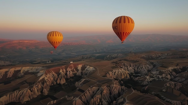 Two hot air balloons soar over a rocky mountainous landscape