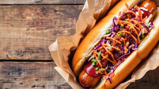 Two hot dogs topped with vibrant coleslaw and savory sauces on wooden table