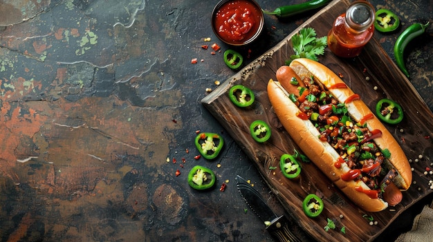 Two hot dogs with jalapenos salsa and herbs on wooden platter