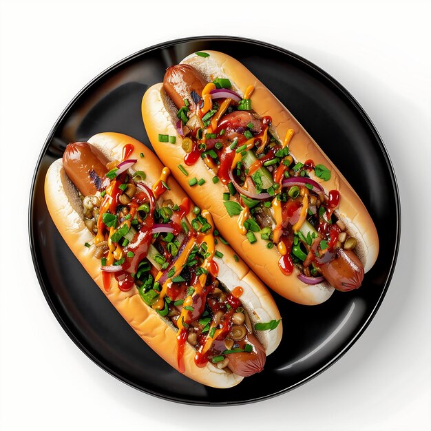 Photo two hot dogs with toppings on a black plate