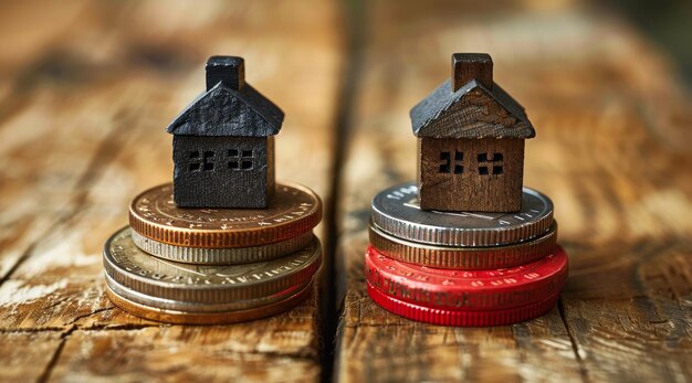 Photo two houses are stacked on top of each other with coins on top of them the coins are of different sizes and colors